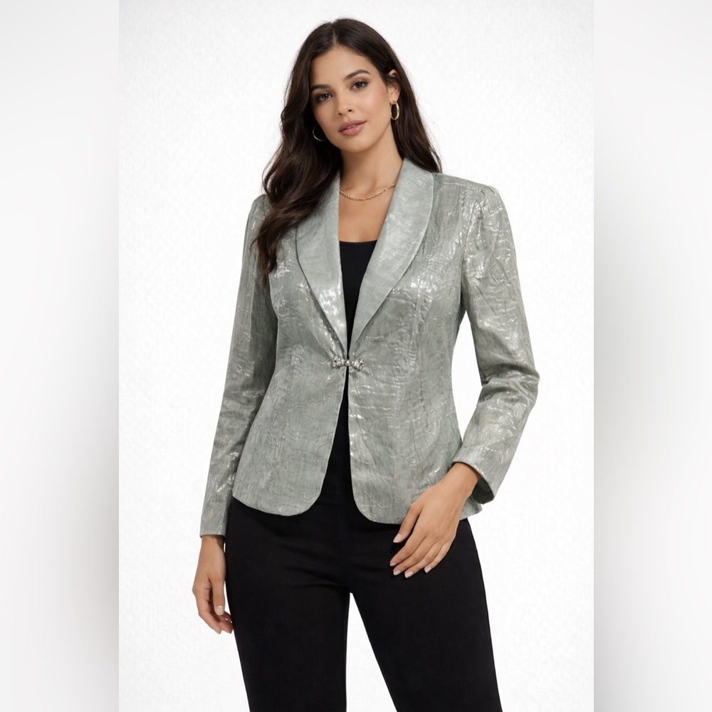 ALEX EVENINGS Vintage Soft Light Green Blazer Top with Rhinestone Clasp size 10